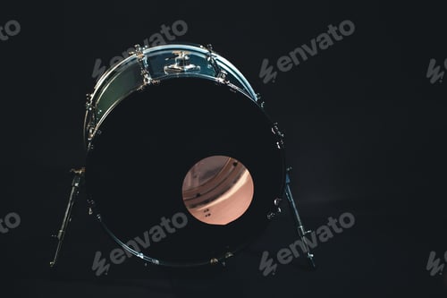 Preview: Bass drum, musical instrument on black background.