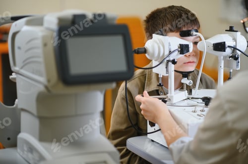Preview: Ophthalmologist checking child's vision with modern equipment in clinic