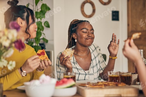 Preview: Food, drinks and pizza party, women and dinner, friends and fun with eating and nutrition at home.