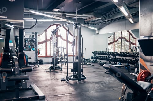 Preview: Empty gym, backgrounds and exercise building for sports, training and fitness, wellness and weightl