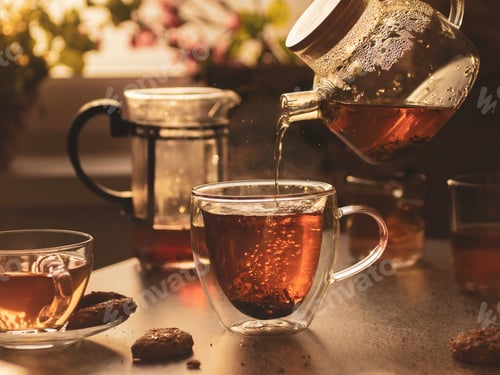 Preview: Natural background. Counter-azhur. Mugs with tea on table in the sun. Tea is poured into the teapot.