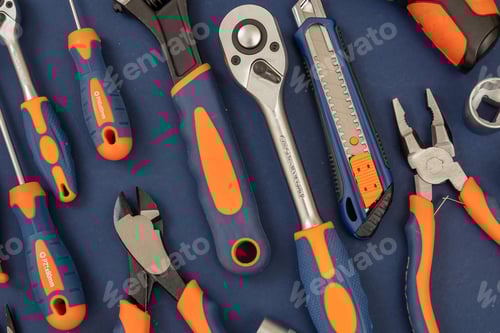 Preview: Work tool on blue background. Hand tool new set for repair and construction, overhead