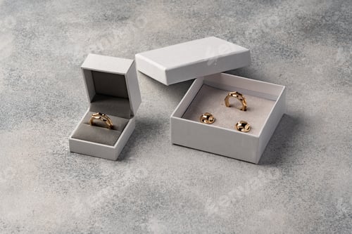 Preview: Golden jewellery in box on gray background