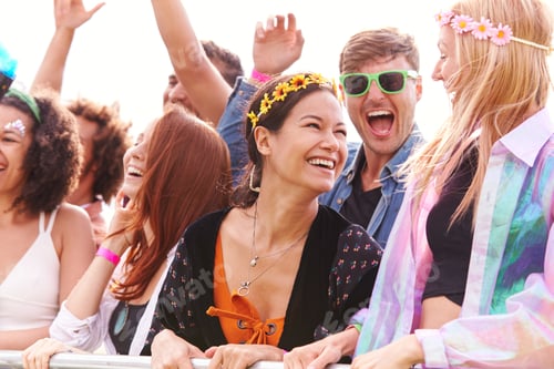 Preview: Cheering Young Friends In Audience Behind Barrier At Outdoor Festival Enjoying Music