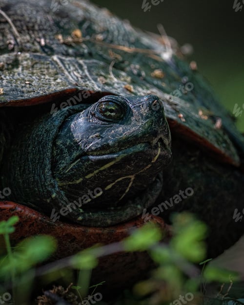 Preview: Vertical closeup shot of a painted turtle in the woods.