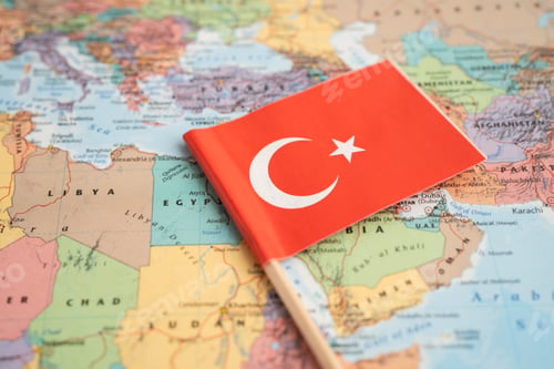 Preview: Bangkok, Thailand December 7, 2023, Turkey flag on world map.