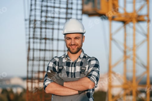 Preview: Handsome man is working on the construction site at daytime
