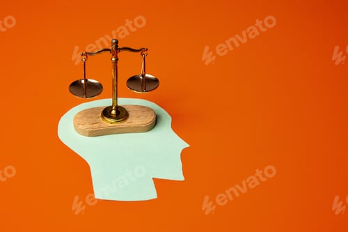 Preview: Balance scale placed on top of a green paper cutout shaped like a human head.