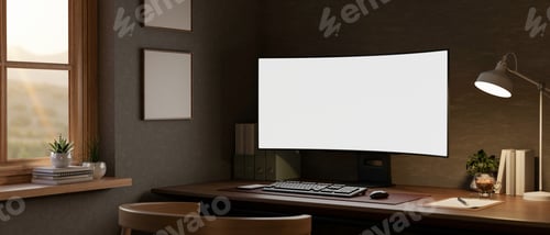 Preview: White curved screen computer with stationary and lamp on wooden table in dim living room or office.