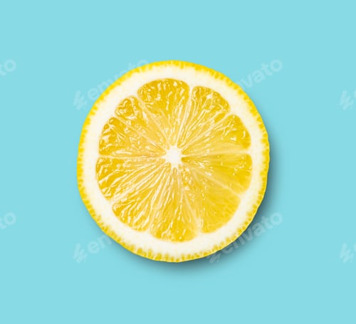 Preview: Fresh sliced lemon poster on blue background. Concept healthy and vegan image