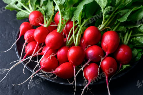 Preview: Fresh washed radishes on black plate against dark background