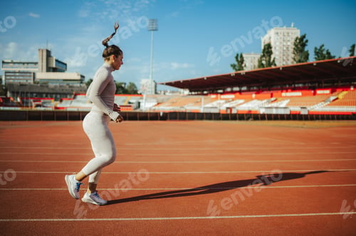 Preview: A female runner is running on stadium at daytime.