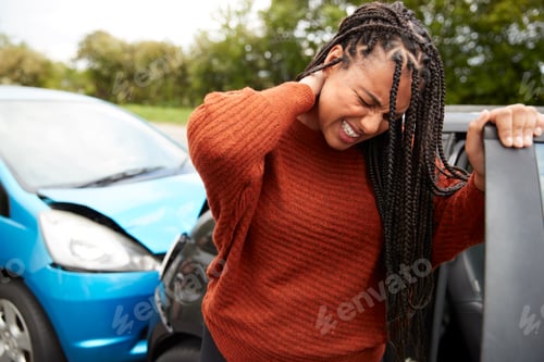 Preview: Female Motorist With Whiplash Injury In Car Crash Getting Out Of Vehicle