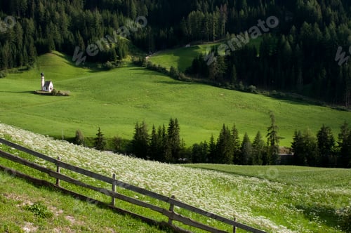 Preview: View of distant valley and St. Johann Church, Funes Valley, Dolomites, Italy