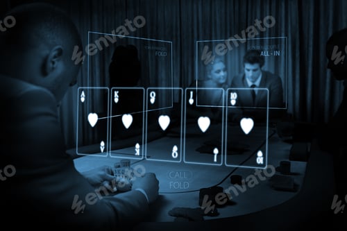 Preview: Room Of People Gambling On Table With Holographic Card Display In Blue Light In Dark Room