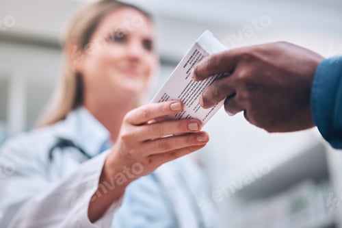 Preview: Pharmacy, medication box and pharmacist helping a patient with medical prescription at clinic. Medi