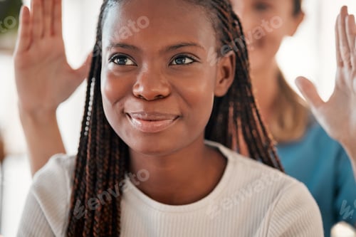 Preview: Relax, reiki and black woman with smile on face at spa for spiritual chakra balance and holistic me