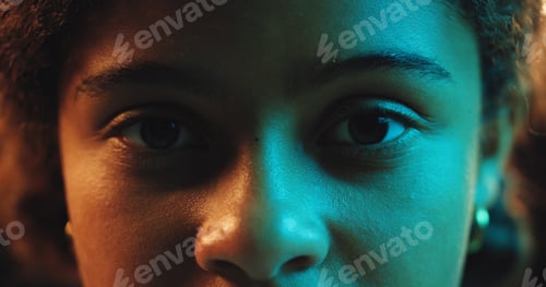 Preview: Color, portrait and woman with neon light, skincare and closeup of face with treatment, smooth and