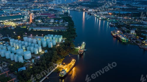 Preview: Aerial view oil storage tanks and tanker in river at night, Aerial view of oil storage tanks.