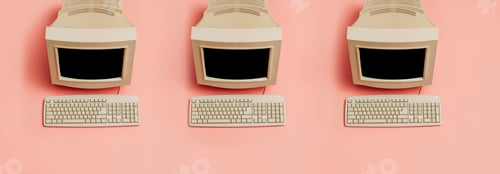 Preview: three Vintage PC on pink background, top view. Monitor and keyboard as in 90s