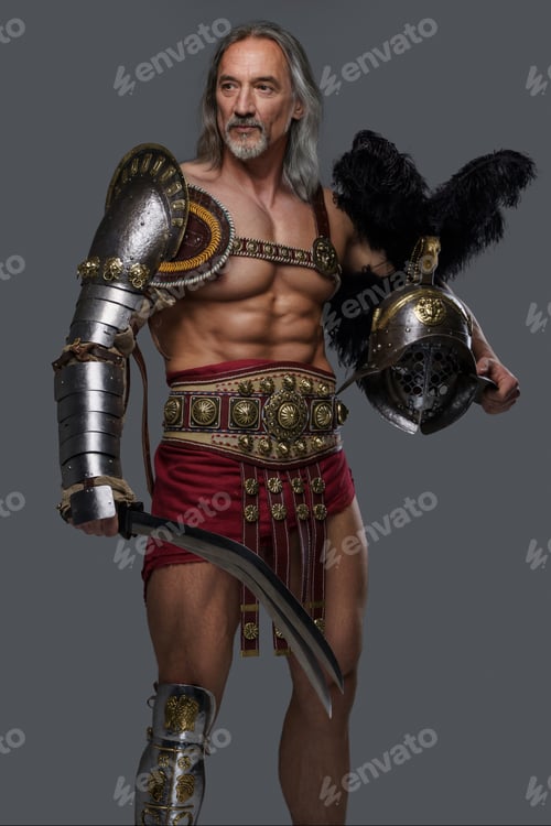 Preview: Aged but still mighty muscular gladiator with long grey hair and beard