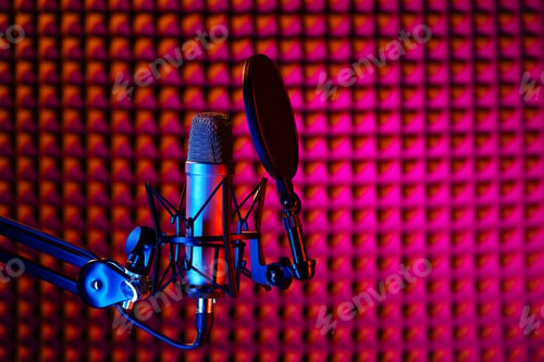 Preview: Professional studio microphone against acoustic foam panel background in neon light