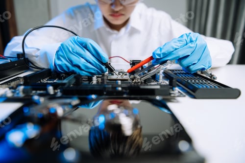 Preview: The technician is putting the CPU on the socket of the computer motherboard. electronic engineering