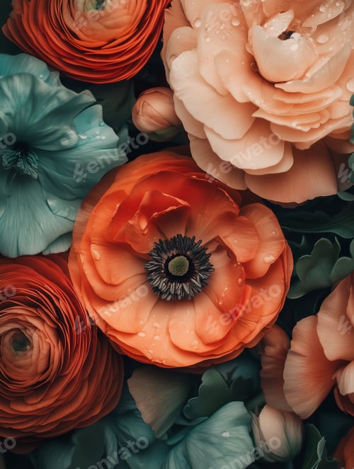 Preview: Bouquet of colourful blooming ranunculus
