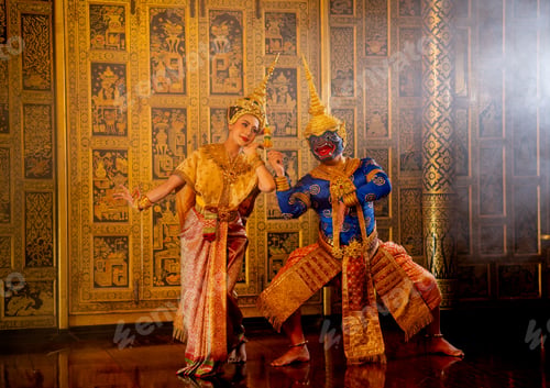 Preview: Wide shot of beautiful Asian woman wear Thai traditional dress action of dancing together with Thai