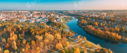 Preview: Grodno, Belarus. Aerial Bird's-eye View Of Hrodna Cityscape Skyline. Famous Popular Historic