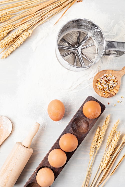 Preview: Baking ingredients and kitchen utensils flat lay. Healthy eating, home cooking, baking recipes
