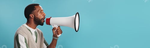 Preview: Banner of black man, megaphone or shouting for space or news announcement on blue background. Profi