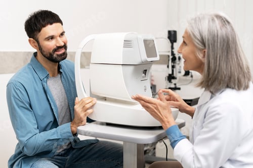 Preview: Ophthalmologist explaining autorefractor device to patient during eye exam