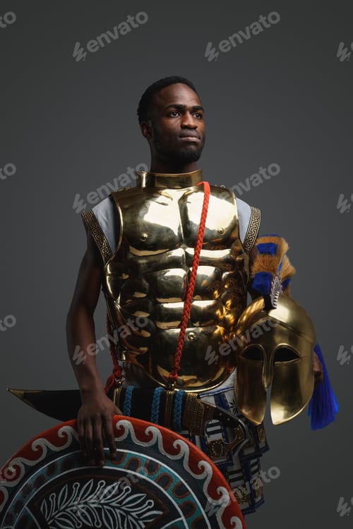 Preview: Black warrior with shield and helmet against grey background