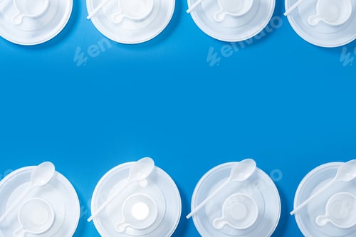 Preview: Disposable waste plastic on blue background