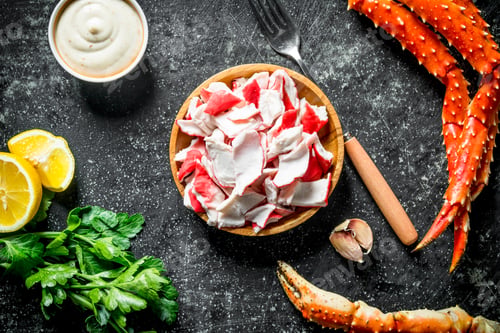 Preview: Crab meat on a plate with sauce, lemon and parsley.