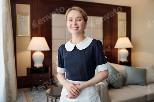 Preview: Young successful chambermaid in uniform standing in front of camera