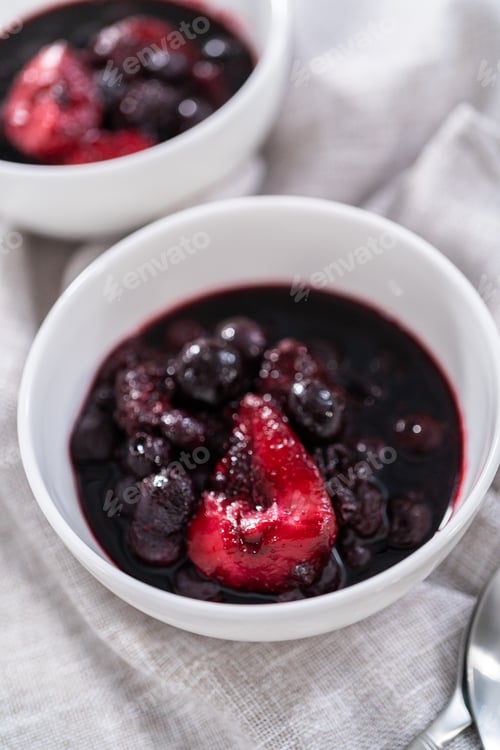 Berry Compote in White Bowl, Close Up