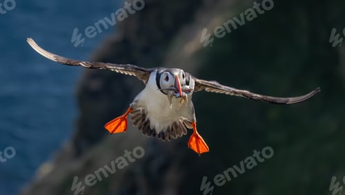 Preview: Atlantic puffin (Fratercula arctica) flying with fish in its beak on the island of Runde (Norway).