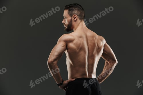 Preview: Back view portrait of a fit muscular bodybuilder posing