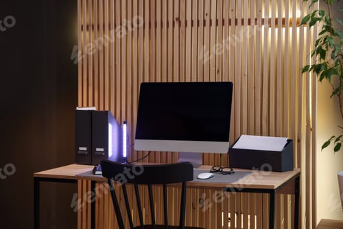 Preview: Stylish workplace with wooden desk, lamp and computer indoors
