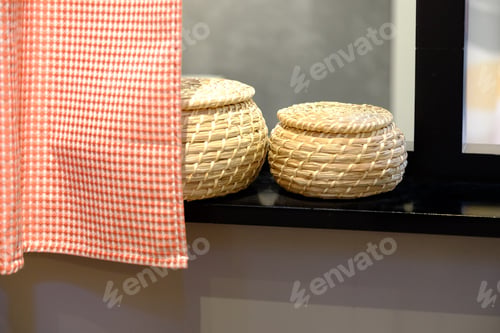 Preview: Rolled Towels With Wicker Basket On Shelf Of Rack Background