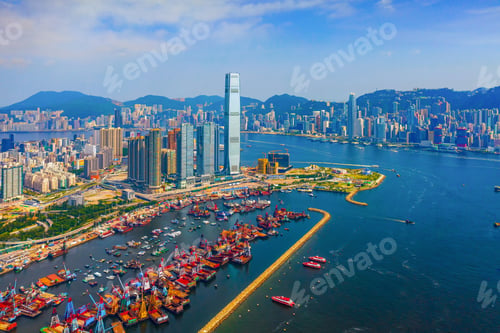 Preview: Hong Kong Downtown, China. Financial district in urban city in Asia. Skyscraper buildings.