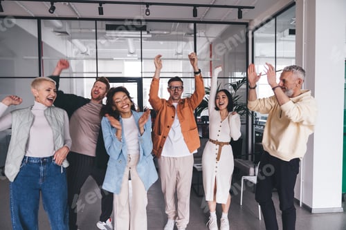 Preview: Group of cheerful diverse colleagues celebrating successful work