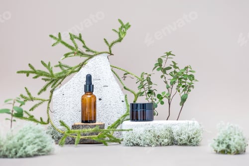Preview: cosmetic containers on a stone podium, cranberry branches and lichen on a beige background