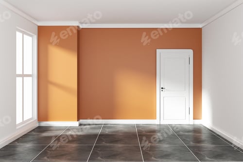 Preview: Empty Room with Orange Wall and Dark Tile Floor