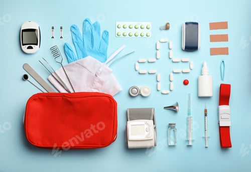 Preview: Flat lay composition with medical objects on color background