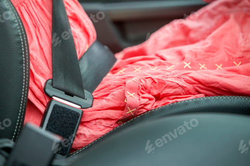 Preview: Young woman inside car buckled up with protective seat belt. Safety and precaution concept.