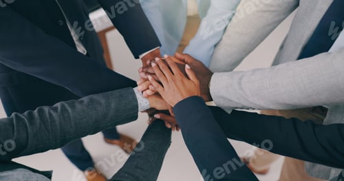 Preview: Hands together, closeup or business people with teamwork, support or solidarity. Team building, hud