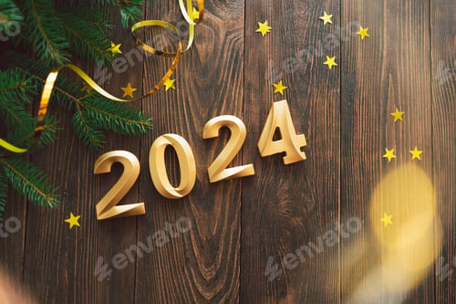 Preview: Happy New Years 2024. Christmas tree and Christmas decorations